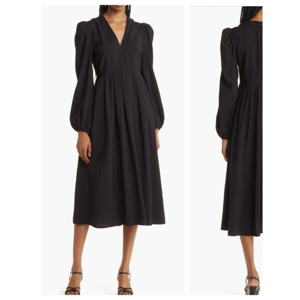 Chelsea28 Black Pleated Long Puff Sleeve Midi Dress Size L